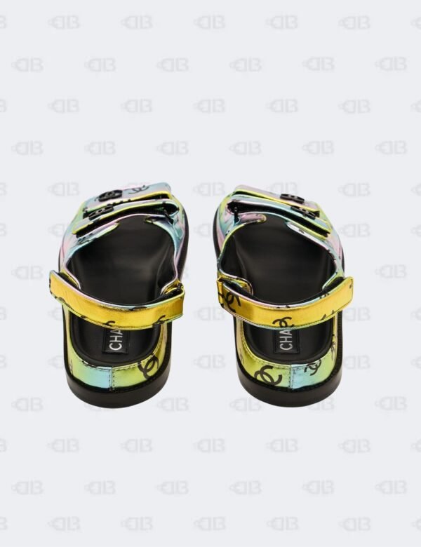 New Chanel CC Laminated Printed Multicolour Metallic Dad Sandals Size 42C