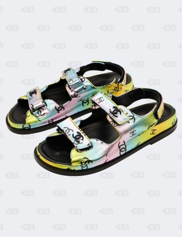 New Chanel CC Laminated Printed Multicolour Metallic Dad Sandals Size 42C