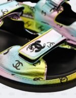 New Chanel CC Laminated Printed Multicolour Metallic Dad Sandals Size 42C