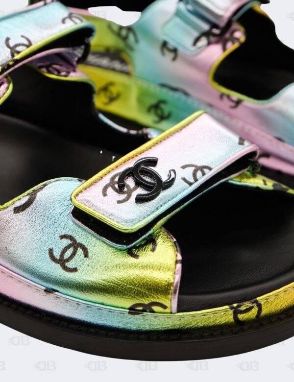 New Chanel CC Laminated Printed Multicolour Metallic Dad Sandals Size 42C