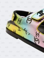 New Chanel CC Laminated Printed Multicolour Metallic Dad Sandals Size 42C