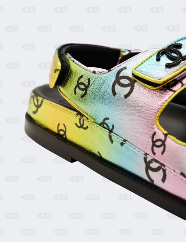 New Chanel CC Laminated Printed Multicolour Metallic Dad Sandals Size 42C