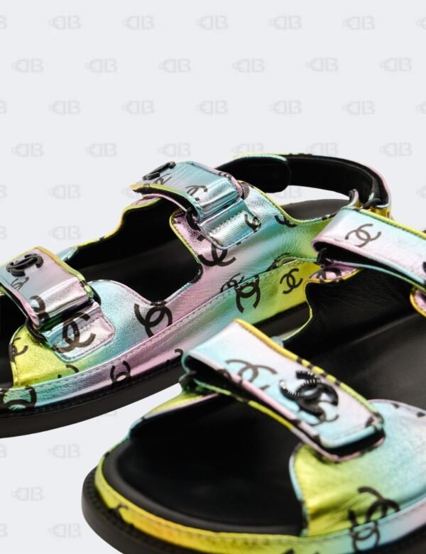 New Chanel CC Laminated Printed Multicolour Metallic Dad Sandals Size 42C