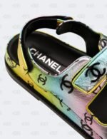 New Chanel CC Laminated Printed Multicolour Metallic Dad Sandals Size 42C