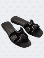Hermes Oran Black Suede Crystal Embellished Slide Flats Size 36