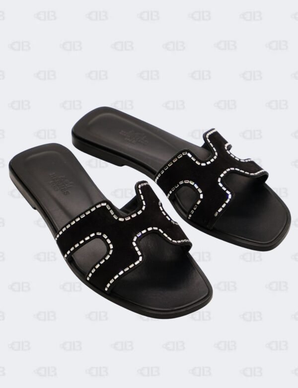 Hermes Oran Black Suede Crystal Embellished Slide Flats Size 36