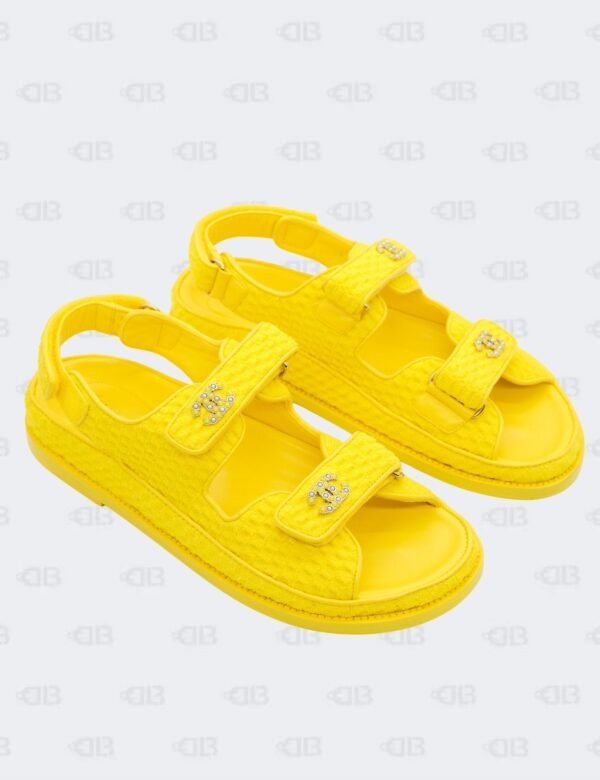 New Chanel Yellow Knit Fabric with CC Pearl Embellished Dad Sandals Size 40 1/2C