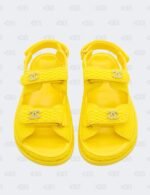 New Chanel Yellow Knit Fabric with CC Pearl Embellished Dad Sandals Size 40 1/2C