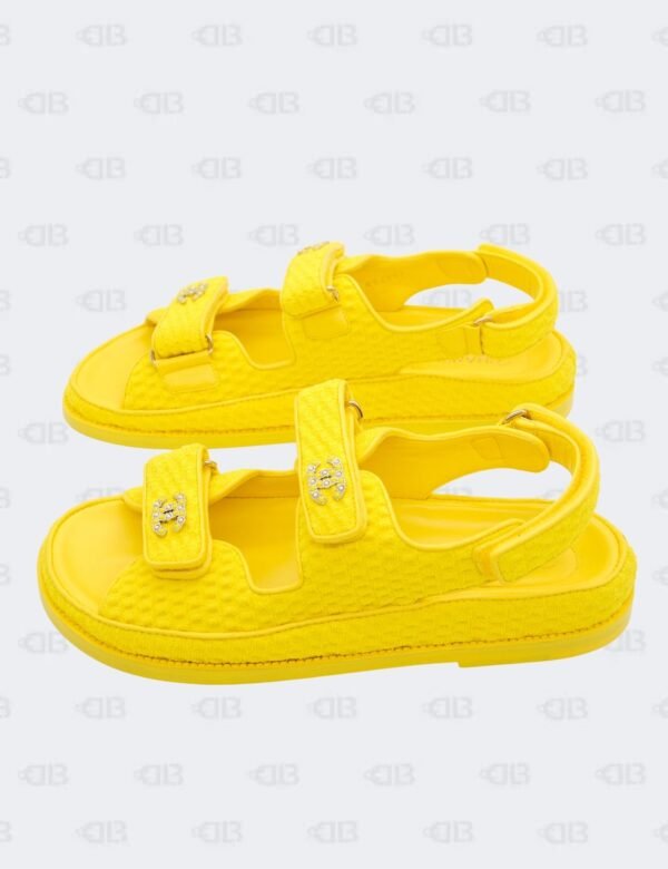 New Chanel Yellow Knit Fabric with CC Pearl Embellished Dad Sandals Size 40 1/2C