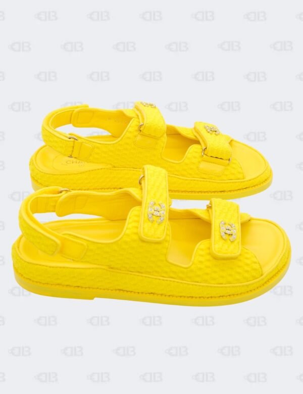 New Chanel Yellow Knit Fabric with CC Pearl Embellished Dad Sandals Size 40 1/2C