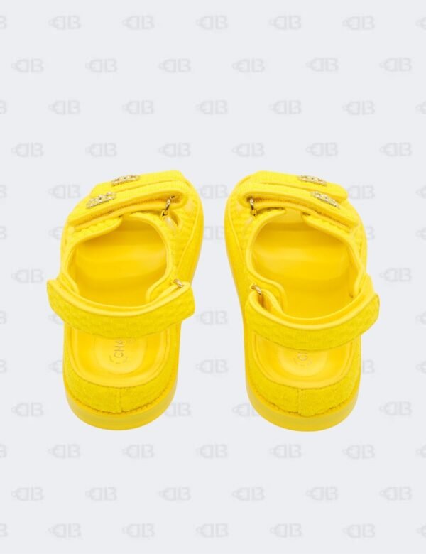 New Chanel Yellow Knit Fabric with CC Pearl Embellished Dad Sandals Size 40 1/2C