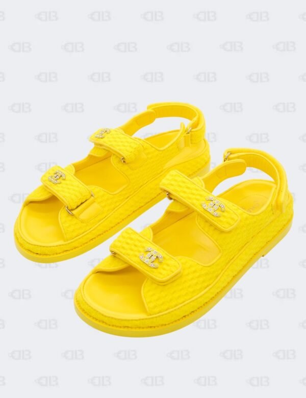 New Chanel Yellow Knit Fabric with CC Pearl Embellished Dad Sandals Size 40 1/2C