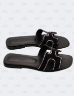 Hermes Oran Black Suede Crystal Embellished Slide Flats Size 36