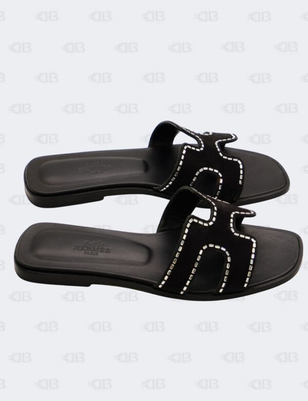 Hermes Oran Black Suede Crystal Embellished Slide Flats Size 36