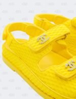 New Chanel Yellow Knit Fabric with CC Pearl Embellished Dad Sandals Size 40 1/2C