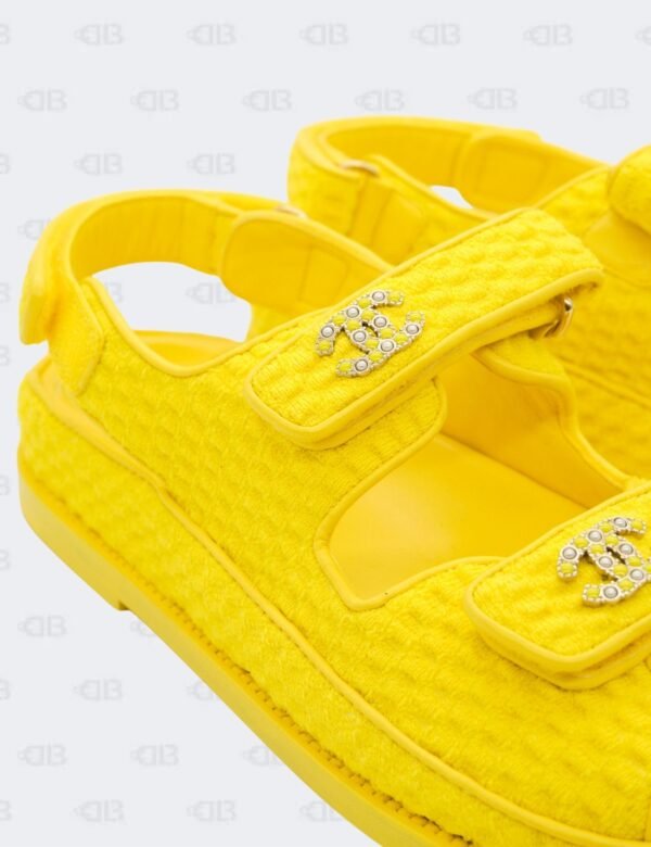 New Chanel Yellow Knit Fabric with CC Pearl Embellished Dad Sandals Size 40 1/2C