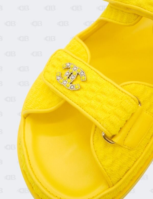 New Chanel Yellow Knit Fabric with CC Pearl Embellished Dad Sandals Size 40 1/2C
