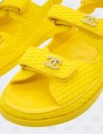 New Chanel Yellow Knit Fabric with CC Pearl Embellished Dad Sandals Size 40 1/2C