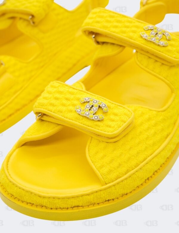 New Chanel Yellow Knit Fabric with CC Pearl Embellished Dad Sandals Size 40 1/2C