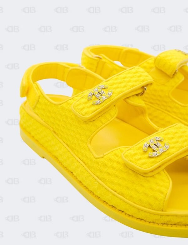 New Chanel Yellow Knit Fabric with CC Pearl Embellished Dad Sandals Size 40 1/2C