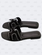 Hermes Oran Black Suede Crystal Embellished Slide Flats Size 36