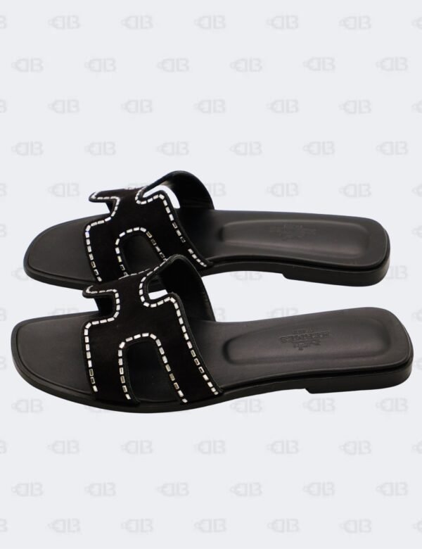 Hermes Oran Black Suede Crystal Embellished Slide Flats Size 36