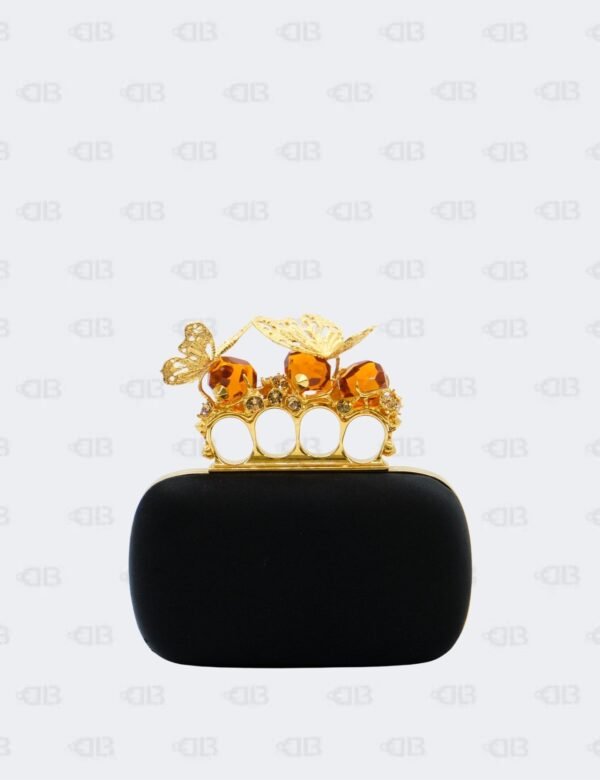 Alexander McQueen Black Satin Butterfly Knuckle Box Clutch Bag