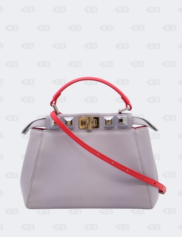 Fendi Peekaboo Studded 2way Handbag In Grey/Red Leather