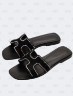 Hermes Oran Black Suede Crystal Embellished Slide Flats Size 36