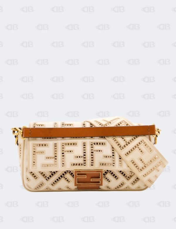 Fendi Ivory White FF Openwork Embroidered Canvas Baguette Bag
