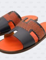New Hermes Izmir Blue/Orange Leather Braided Flat Sandals Size 43 1/2