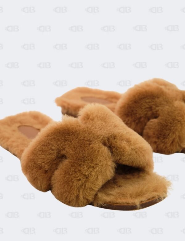Hermes Oran Naturel Shearling Flat Sandals Size 36 1/2