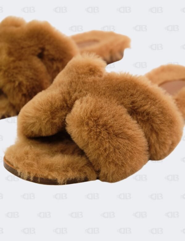 Hermes Oran Naturel Shearling Flat Sandals Size 36 1/2