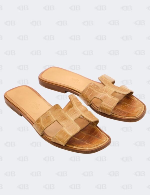 Hermes Oran Alligator Slide Flats Size 37