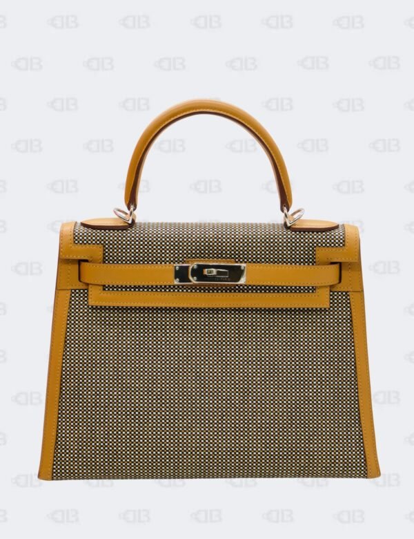 Hermès Kelly 28 Sellier Toile Quadrille Sesame Swift with Palladium Hardware