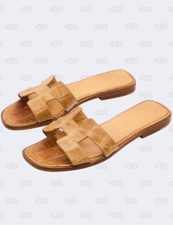 Hermes Oran Alligator Slide Flats Size 37
