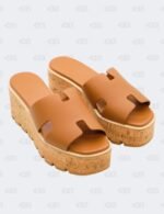 Hermes Eze 30 Gold Calfskin Cork Platform Wedge Size 39