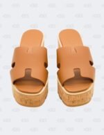 Hermes Eze 30 Gold Calfskin Cork Platform Wedge Size 39