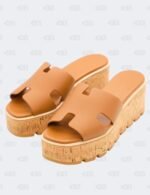 Hermes Eze 30 Gold Calfskin Cork Platform Wedge Size 39