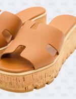 Hermes Eze 30 Gold Calfskin Cork Platform Wedge Size 39