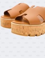 Hermes Eze 30 Gold Calfskin Cork Platform Wedge Size 39