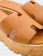 Hermes Eze 30 Gold Calfskin Cork Platform Wedge Size 39