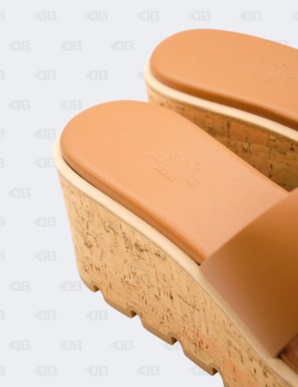 Hermes Eze 30 Gold Calfskin Cork Platform Wedge Size 39