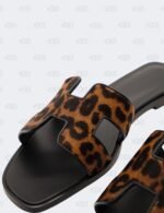 Hermes Oran Gold/Noir Lepard Printed in Moire Calfskin Flat Sandals Size 40