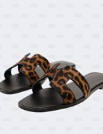 Hermes Oran Gold/Noir Lepard Printed in Moire Calfskin Flat Sandals Size 40