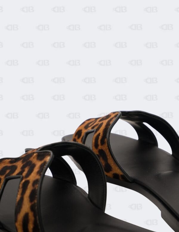 Hermes Oran Gold/Noir Lepard Printed in Moire Calfskin Flat Sandals Size 40