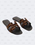 Hermes Oran Gold/Noir Lepard Printed in Moire Calfskin Flat Sandals Size 40