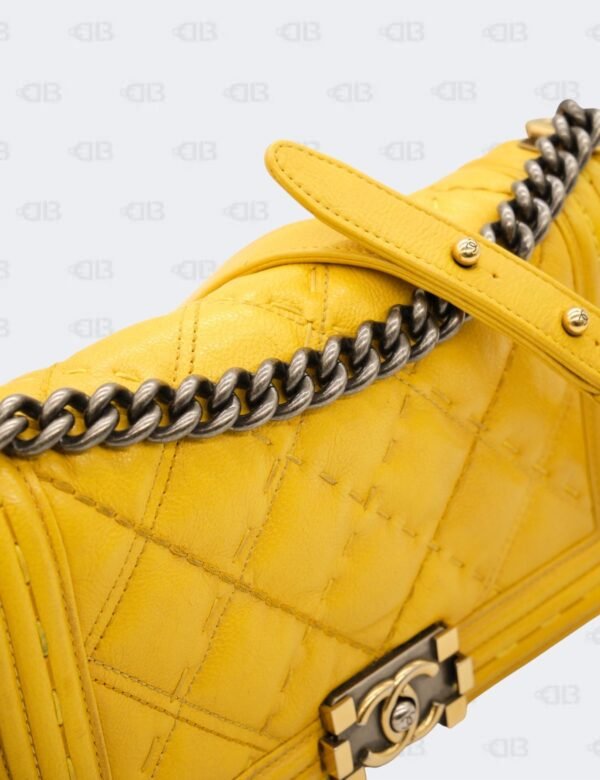 Chanel Yellow Quilted Lambskin Leather Medium Double Stitch Boy Flap Bag