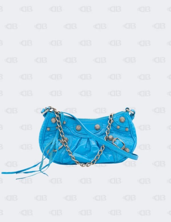 Balenciaga Mini Blue Le Cagole in Crocodile Embossed Leather with Crystal Stud Shoulder Bag