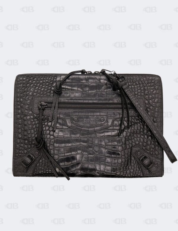 Balenciaga Black Neo Classic in Large Shiny Crocodile Embossed Pouch